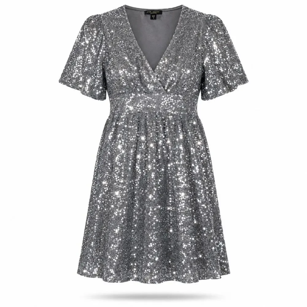 Betsey Johnson‎ Evening Silver Sequin Cocktail Dress Size 6 Metallic Party Glam
